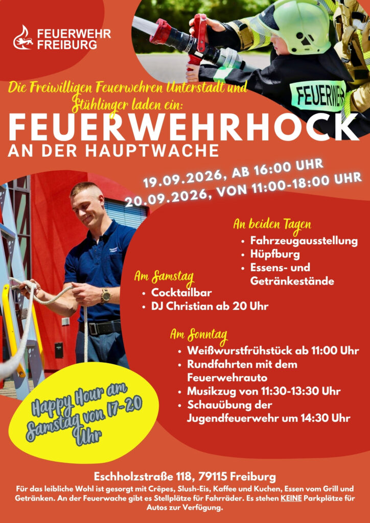 Flyer des Feuerwehrhocks 2026 der Freiwlligen Feuerwehr Freiburg mit dem Programm
